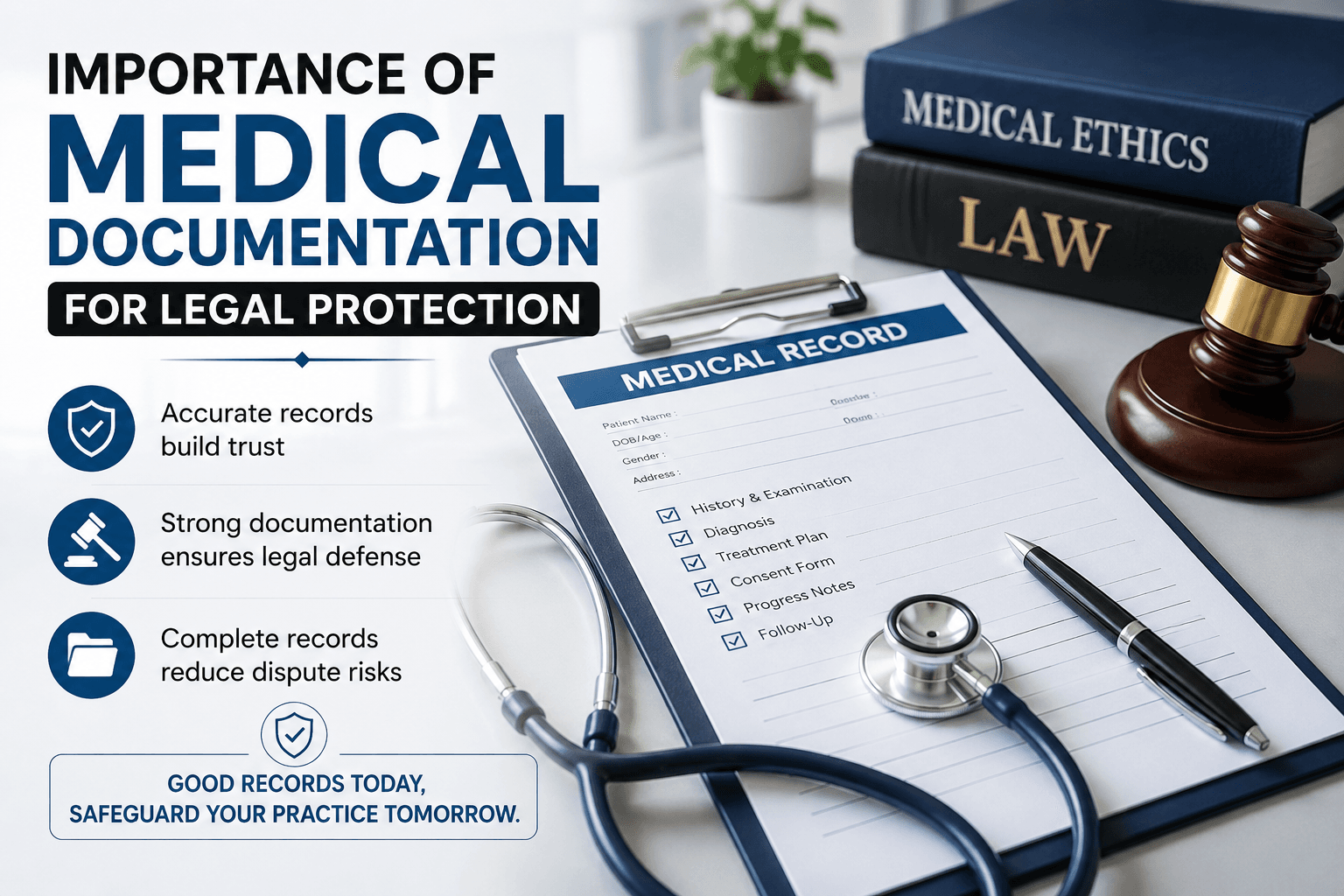 Medical documentation with patient records, consent forms, treatment notes, and legal safeguards highlighting legal protection for doctors.